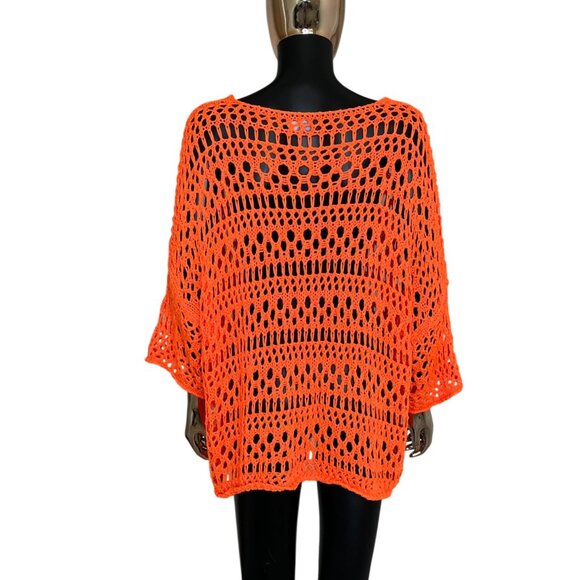 Cecile Wang France Bright Orange Crochet Knit Sweater Made in Italy, Boho Resort - Picture 3 of 9